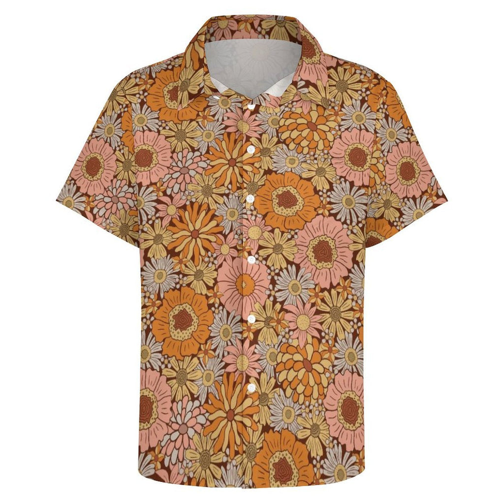 Orange Retro Floral Women's Short-Sleeve Button Up Shirt