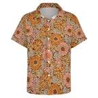 Orange Retro Floral Women's Short-Sleeve Button Up Shirt