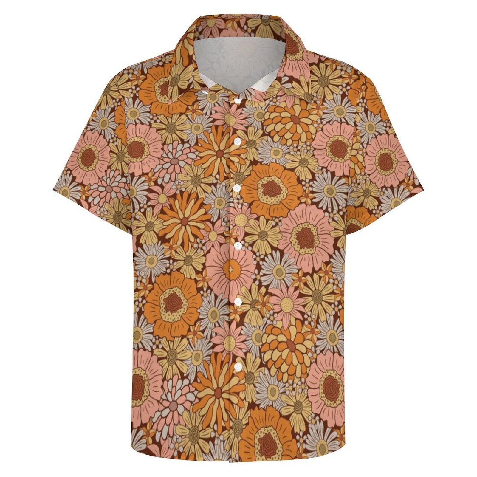 Orange Retro Floral Women's Short-Sleeve Button Up Shirt