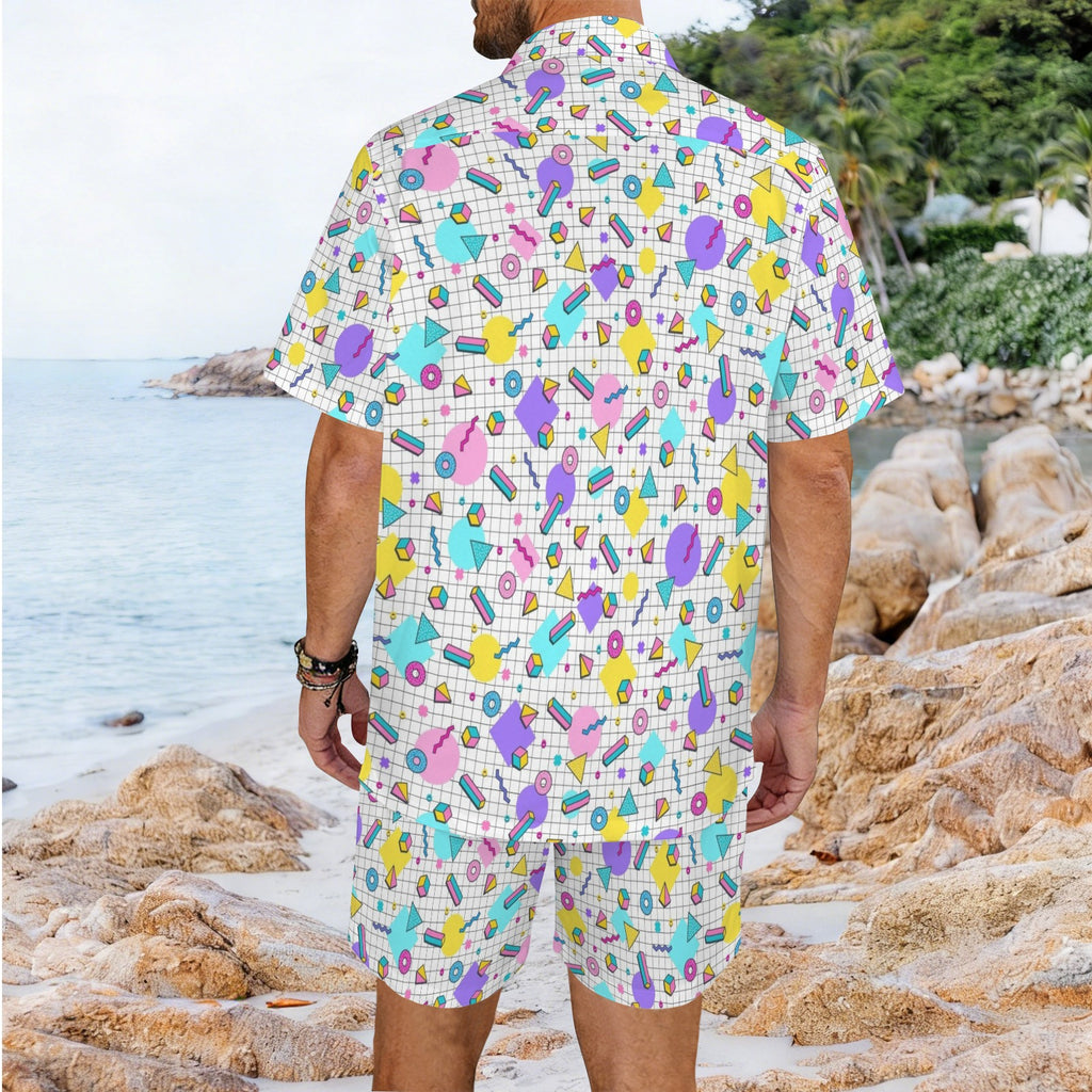 80's Grid Men's Hawaiian Shirt & Shorts Set Men's Hawaiian Shirt & Shorts Set Printed Offshore Retro