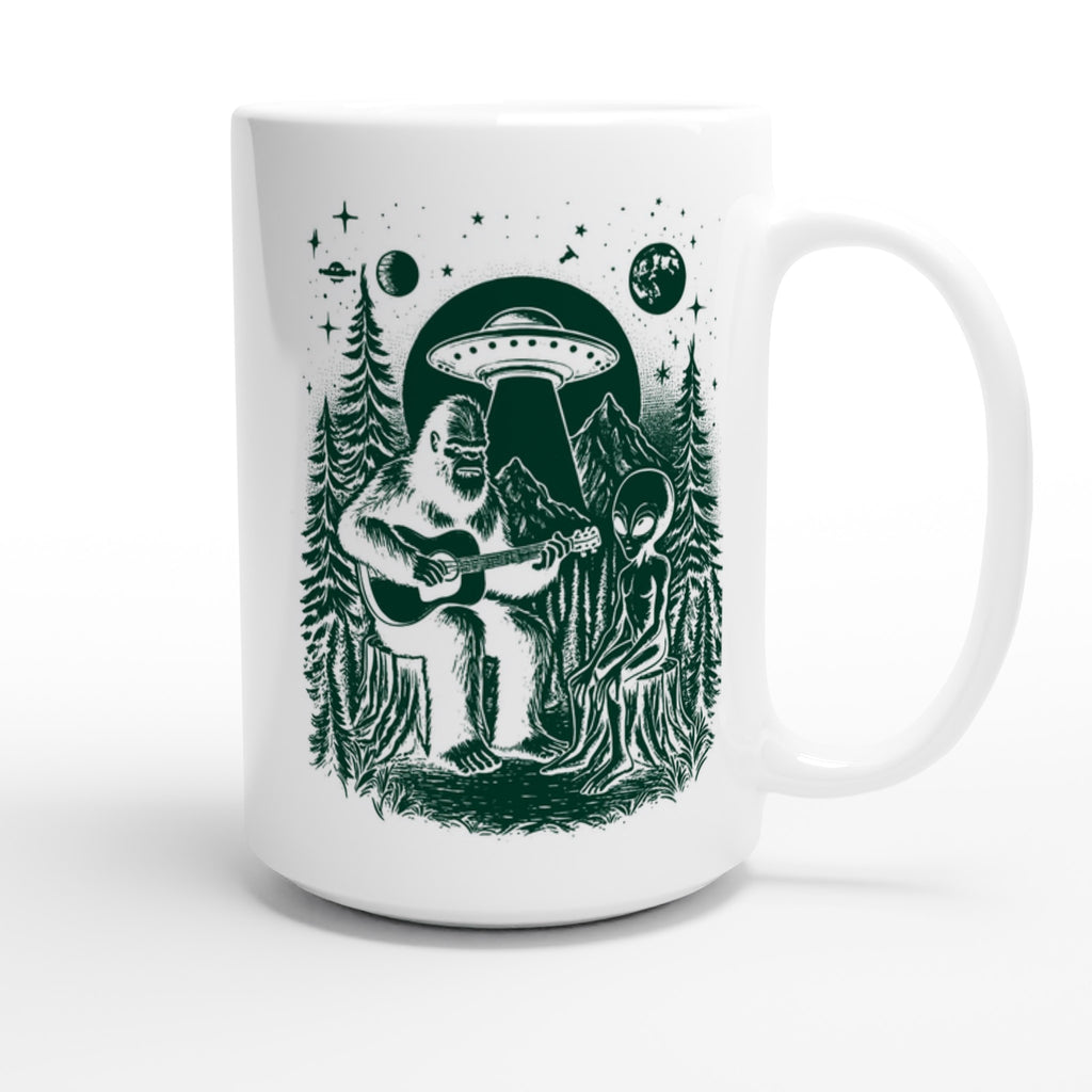 Alien And Bigfoot Play Guitar - White 15oz Ceramic Mug 15oz Mug Globally Fulfilled Music Sci Fi