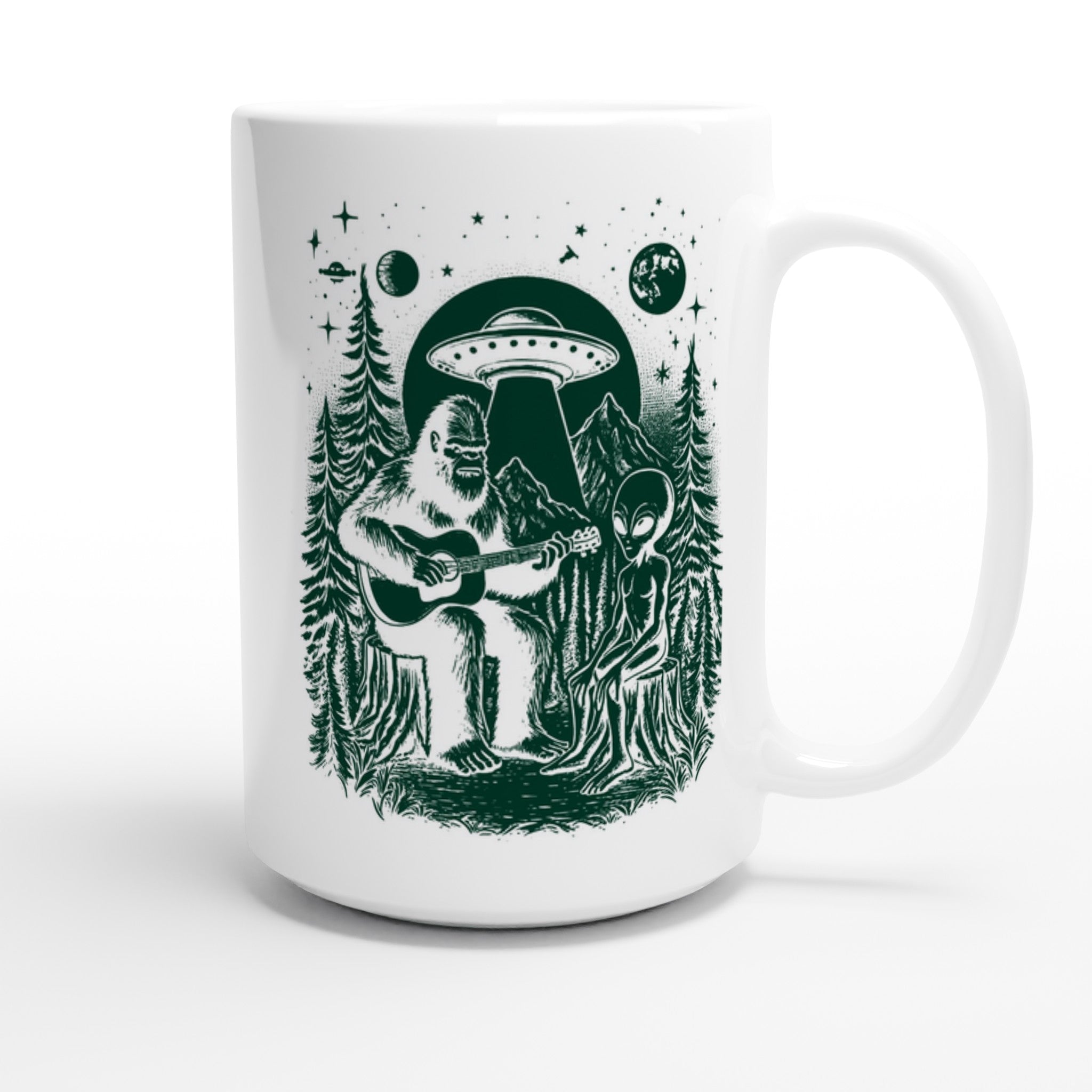 Alien And Bigfoot Play Guitar - White 15oz Ceramic Mug 15oz Mug Globally Fulfilled Music Sci Fi