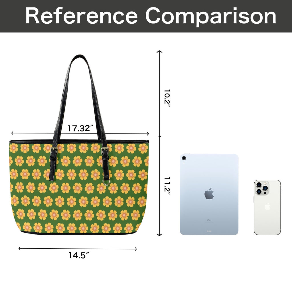Yellow Flowers On Green PU Leather Tote Bag Large