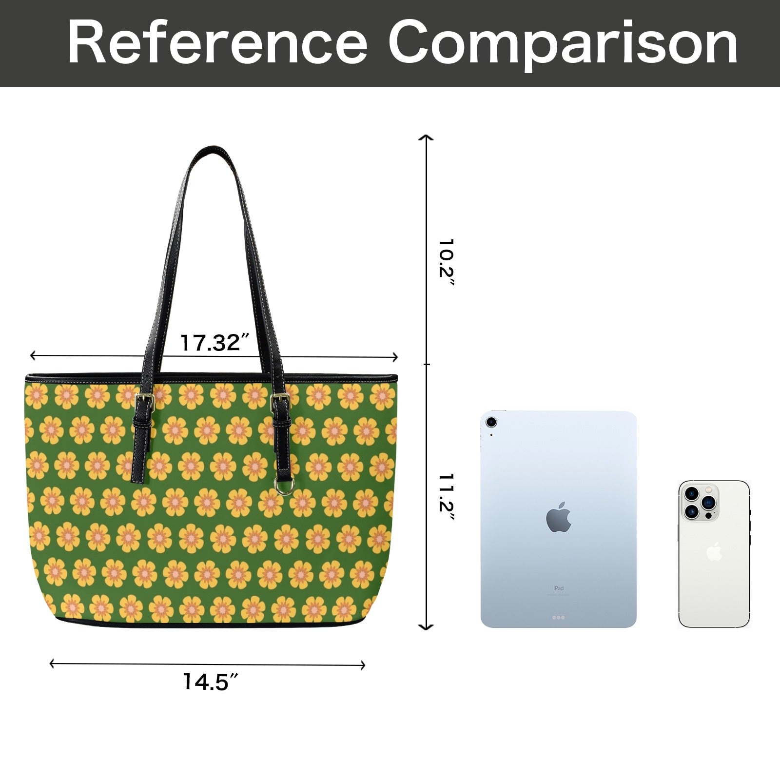 Yellow Flowers On Green PU Leather Tote Bag Large