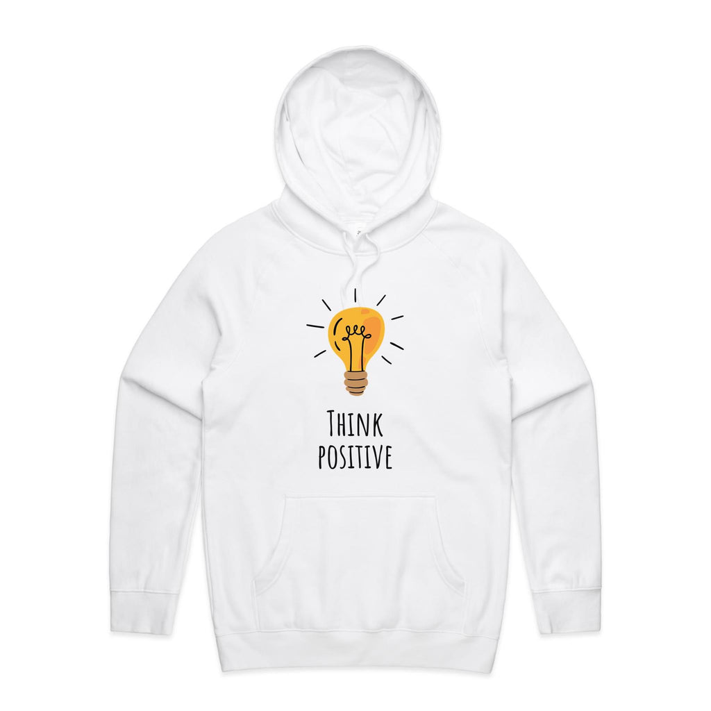 Think Positive, Light Bulb - Mens Hoodie White Mens Hoodie Positivity Printed In Australia