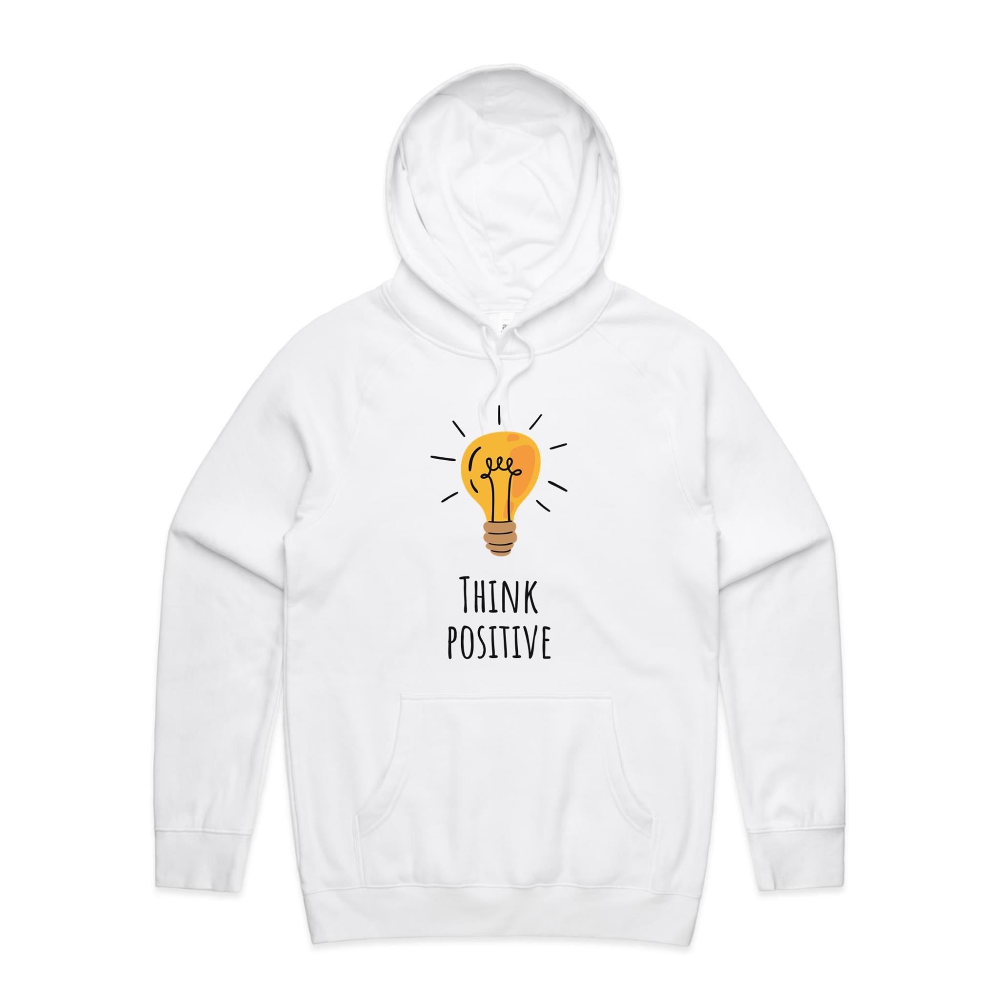 Think Positive, Light Bulb - Mens Hoodie White Mens Hoodie Positivity Printed In Australia