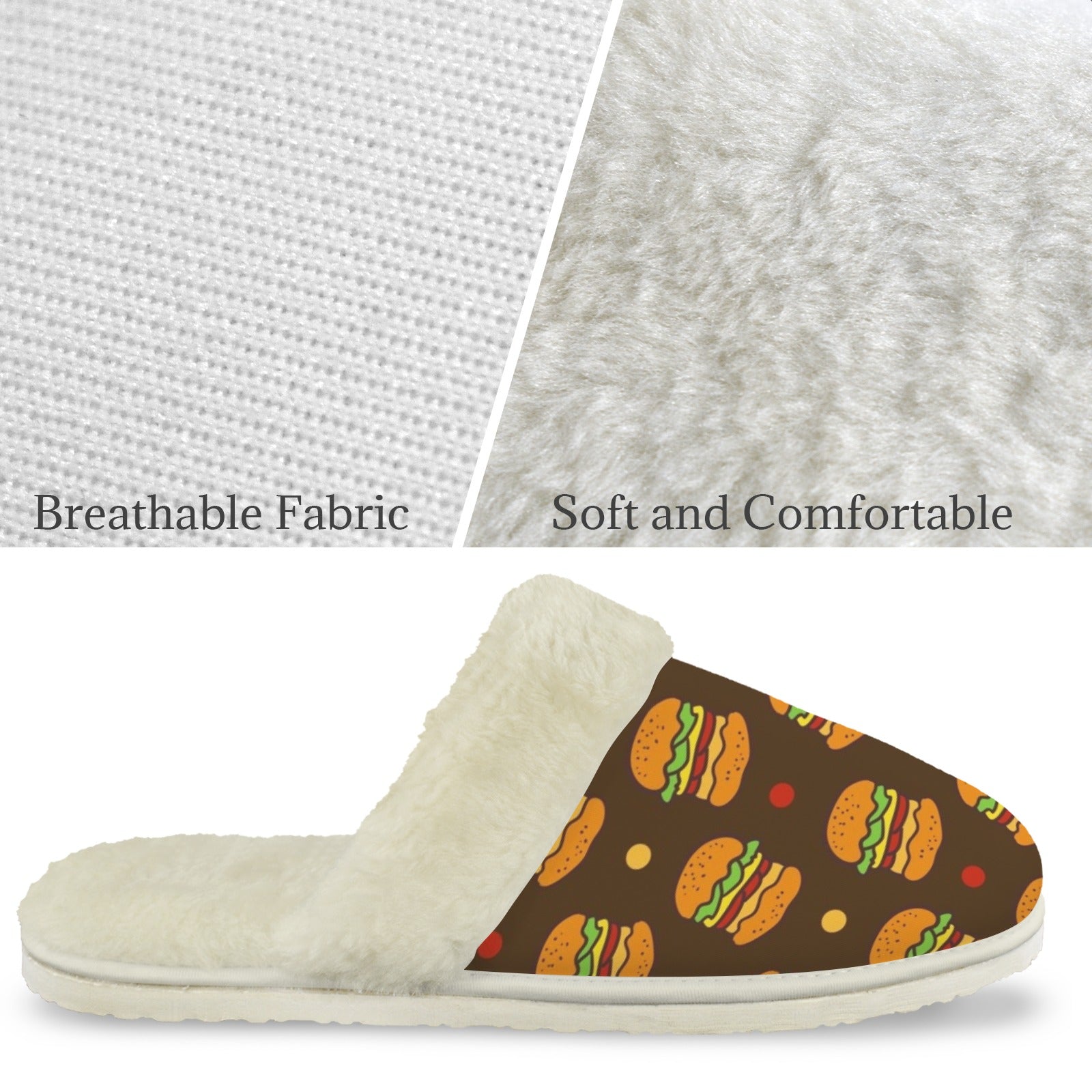 Burgers Men's Fur Trim Thick-Sole Indoor Slippers Men's Fur Trimmed Slippers Food Printed Offshore