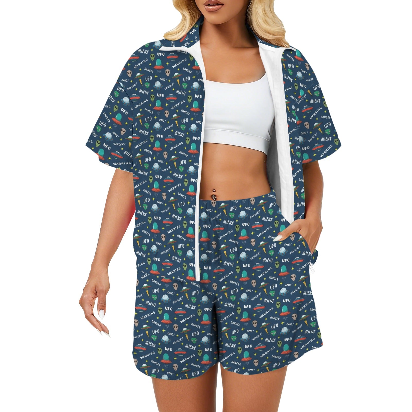 UFO's And Aliens Women's Windbreaker Short Set 2XL Women's Windbreaker Short Set Printed Offshore Sci Fi