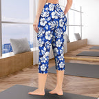 Blue Hawaiian Floral Women's High Waist Pocket Capri Yoga Leggings Women's High Waist Capri Yoga Leggings Plants Printed Offshore