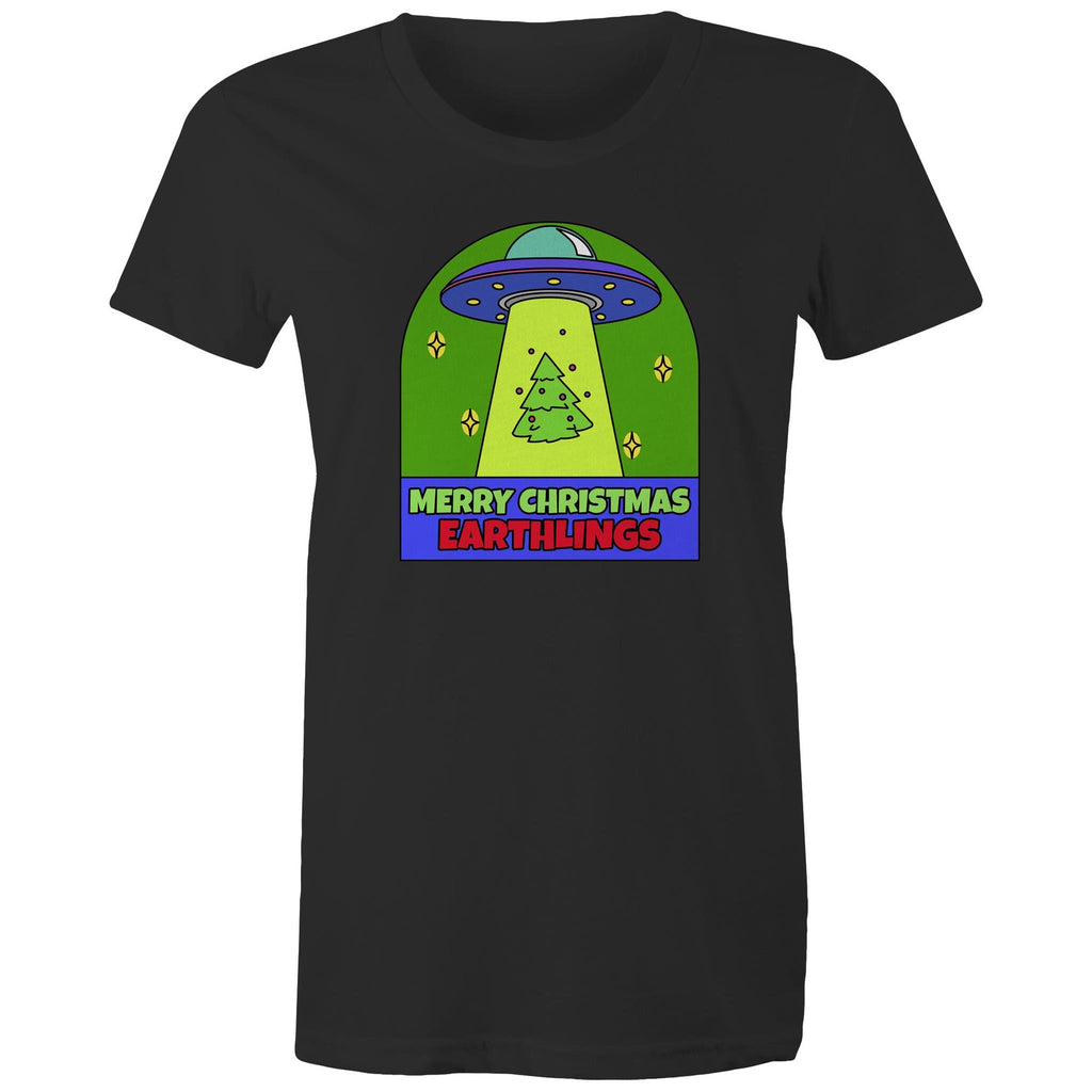 Merry Christmas Earthlings, UFO - Womens T-shirt Black Womens Christmas T-shirt Christmas Printed In Australia
