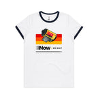 Camera Film, Now We Wait Women's AS Colour Ringer Tee White Navy Womens Ringer T-shirt Printed In Australia Retro