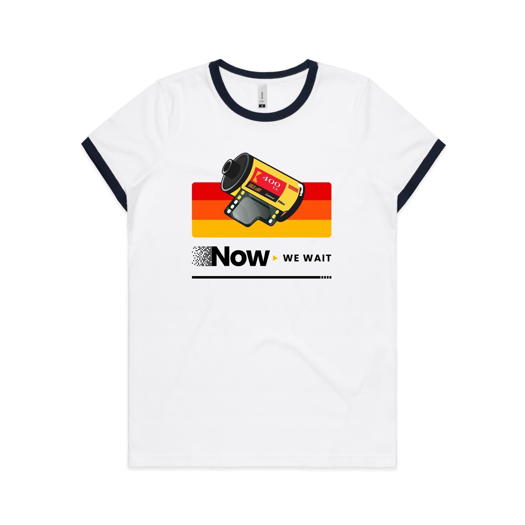 Camera Film, Now We Wait Women's AS Colour Ringer Tee White Navy Womens Ringer T-shirt Printed In Australia Retro