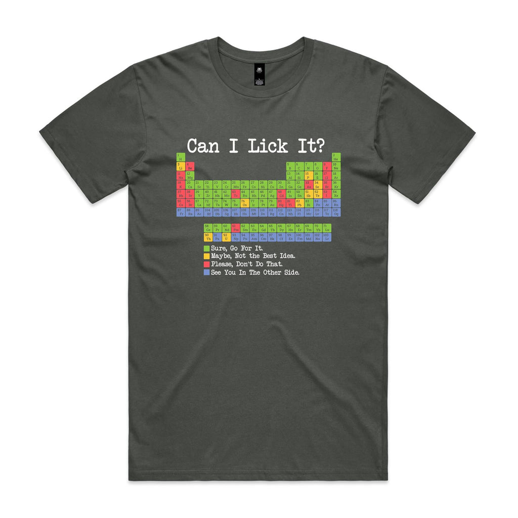 Periodic Table, Can I Lick It Men's AS Colour T-shirt Charcoal Mens T-shirt Printed In Australia Science