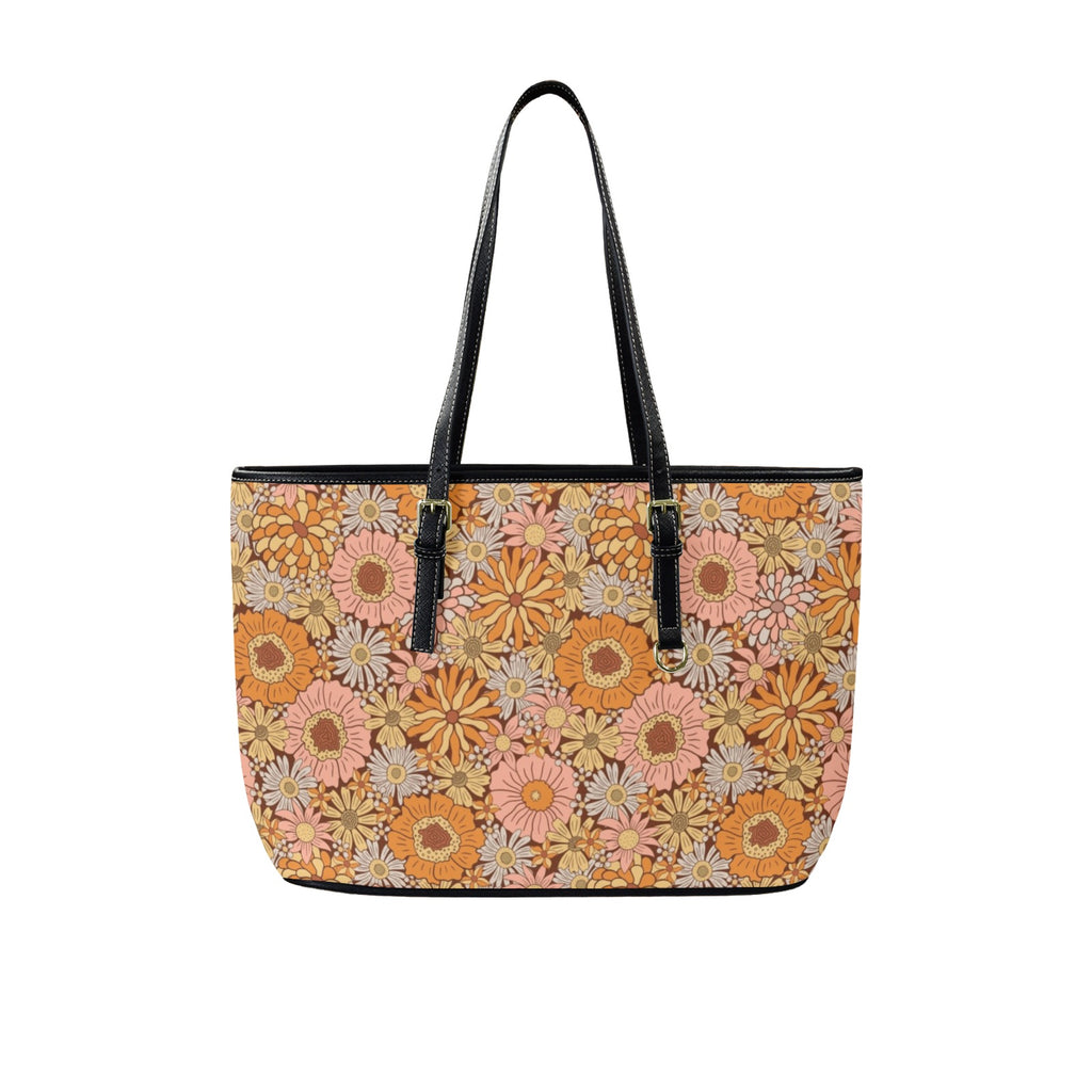 Orange Retro Floral PU Leather Tote Bag Large