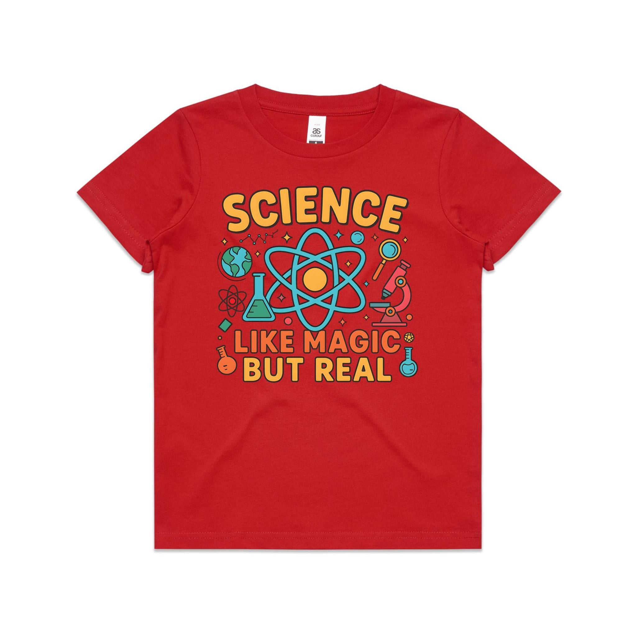 Science, Like Magic But Real Kid's AS Colour T-shirt Red Kids Youth T-shirt Printed In Australia Science