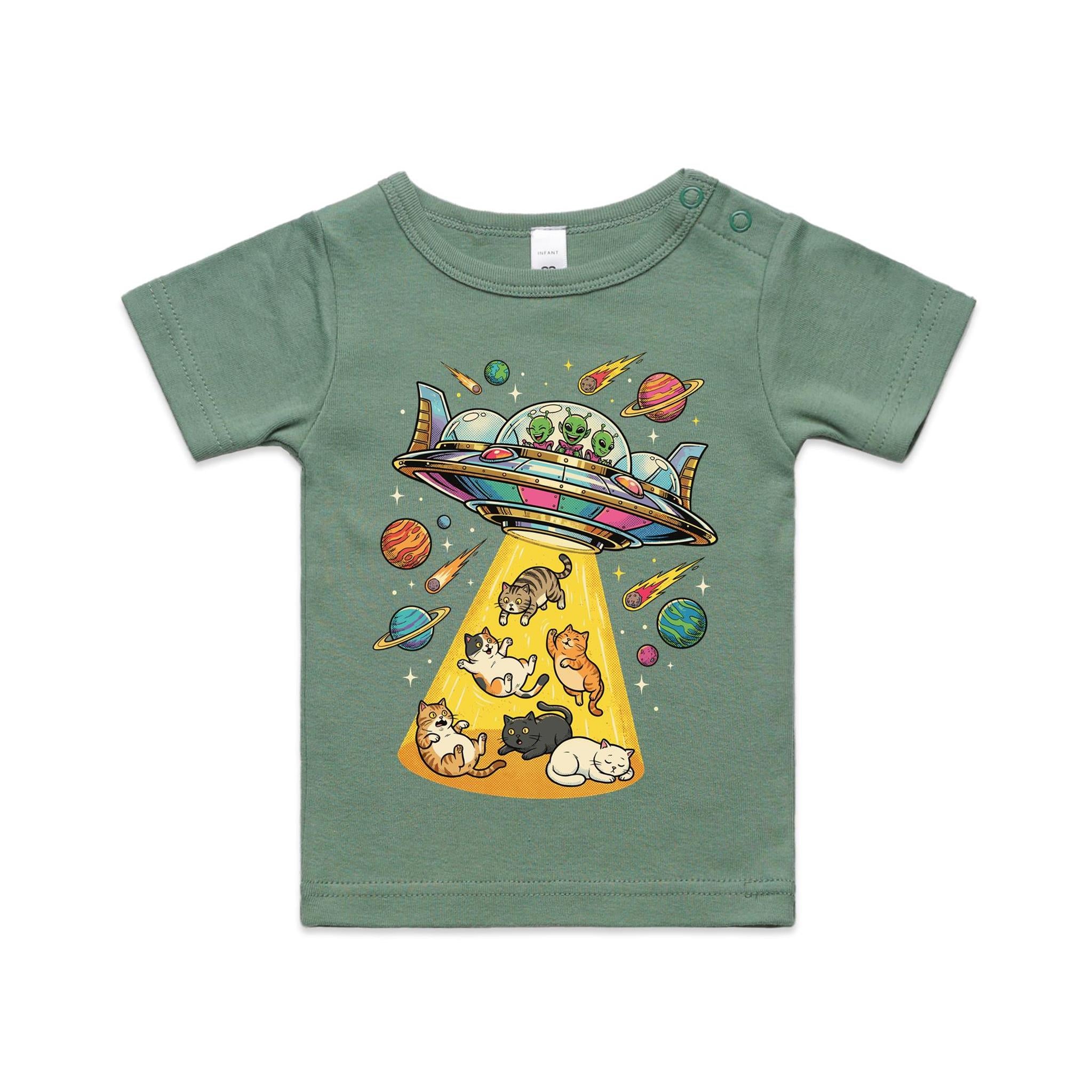 UFO Cat Abduction - AS Colour Baby T-shirt Sage Baby T-shirt animal Printed In Australia Sci Fi