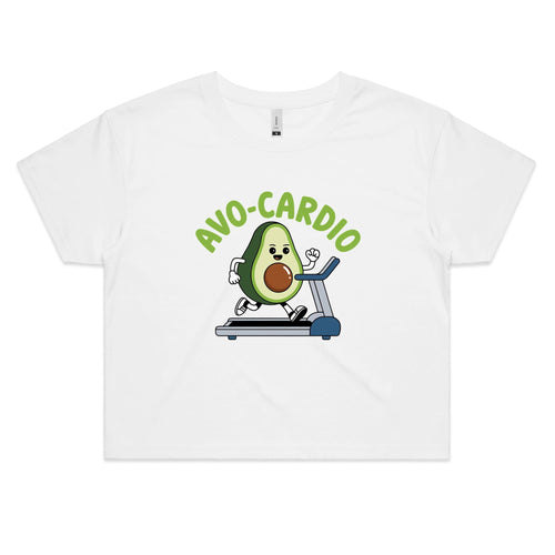 Avo Cardio Avocado Treadmill Women's AS Colour Crop Tee White Womens Crop T-shirt Fitness Food Printed In Australia
