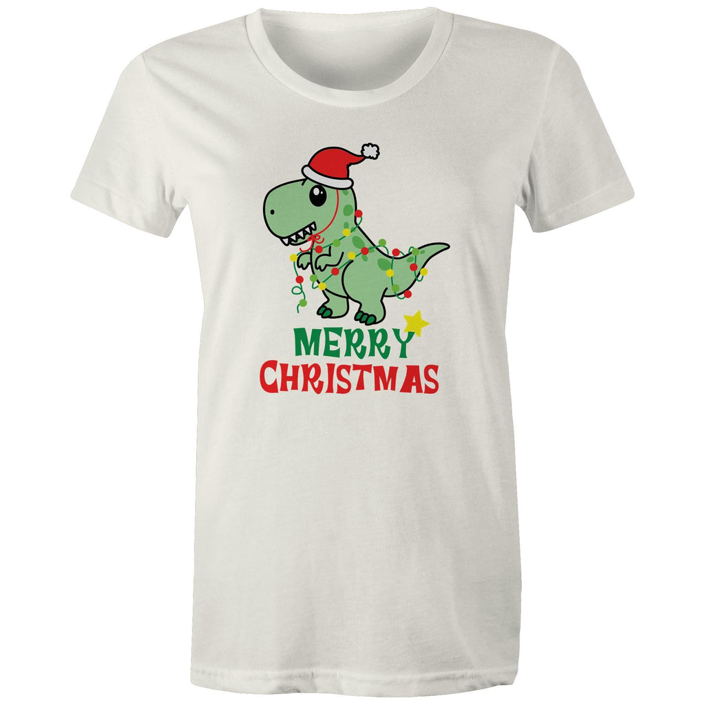 Dinosaur Santa, Merry Christmas - Womens T-shirt Natural Womens Christmas T-shirt Christmas Printed In Australia