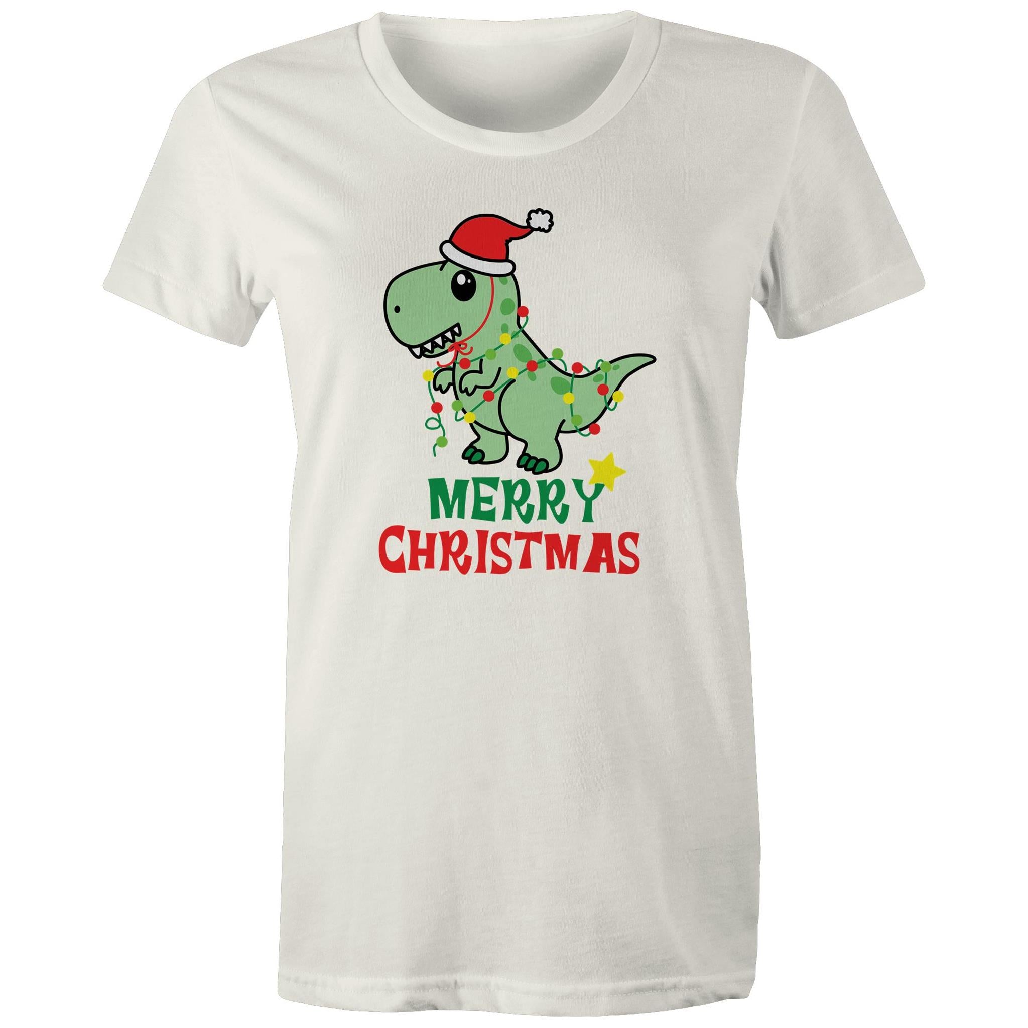 Dinosaur Santa, Merry Christmas - Womens T-shirt Natural Womens Christmas T-shirt Christmas Printed In Australia