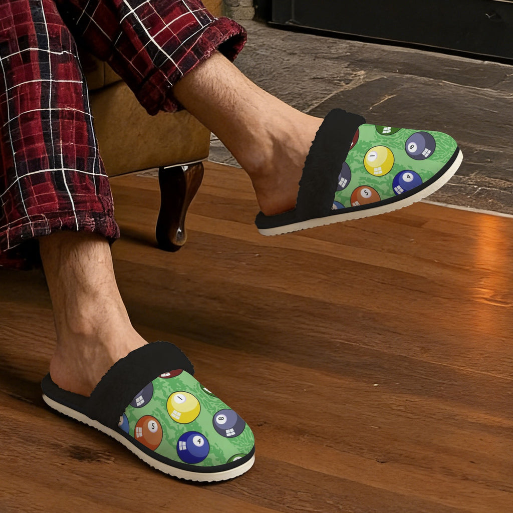 Pool Balls Men's Fur Trim Thick-Sole Indoor Slippers Men's Fur Trimmed Slippers Games Printed Offshore