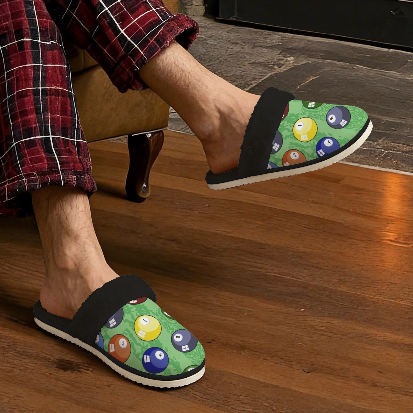 Pool Balls Men's Fur Trim Thick-Sole Indoor Slippers Men's Fur Trimmed Slippers Games Printed Offshore