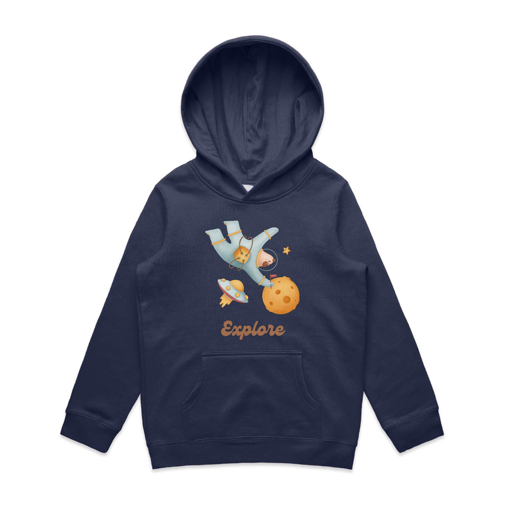 Explore, Astronaut, Space - Kids Hoodie Midnight Blue Kids Hoodie Printed In Australia