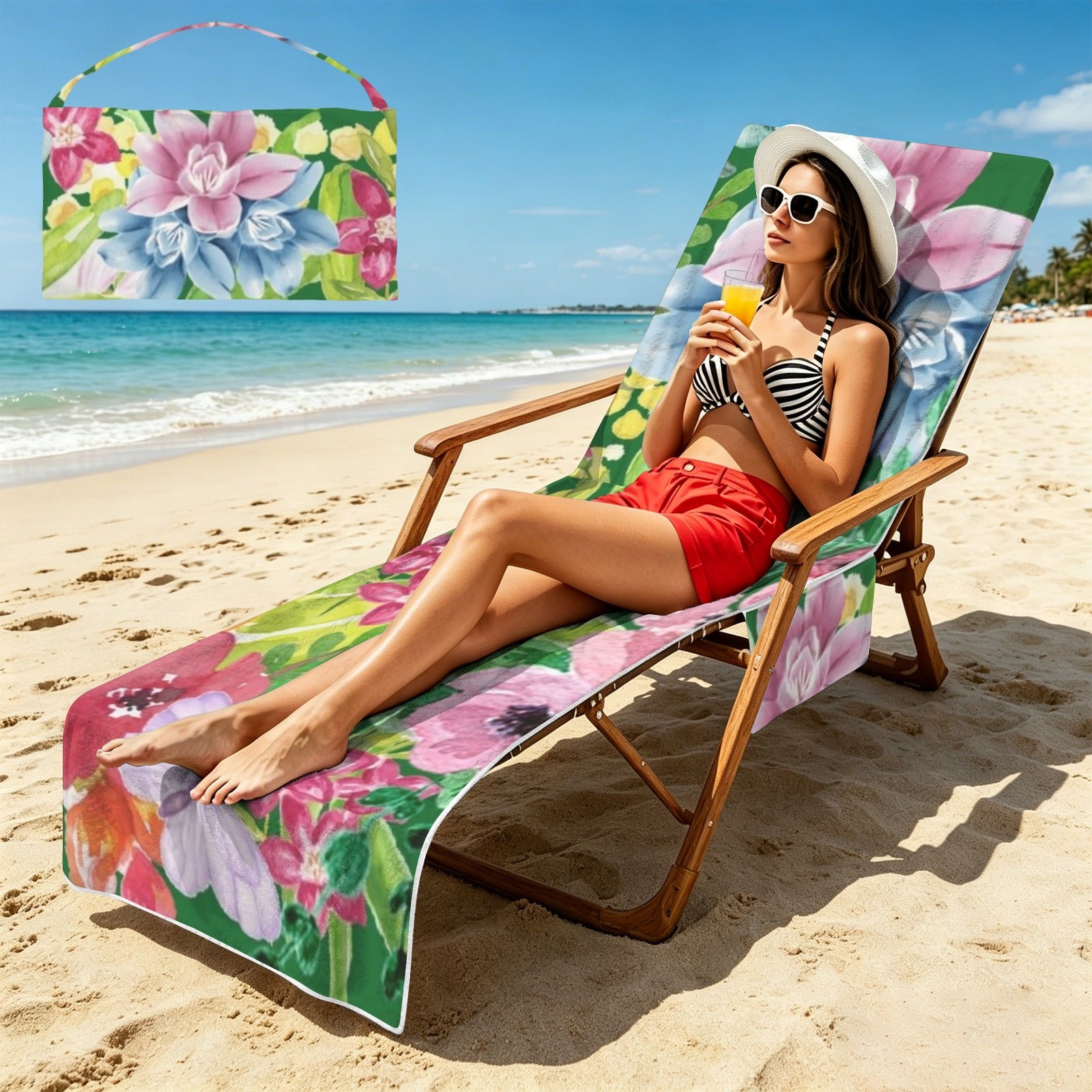 Bright Watercolour Floral Beach Chair Towel Cover with Side Pockets
