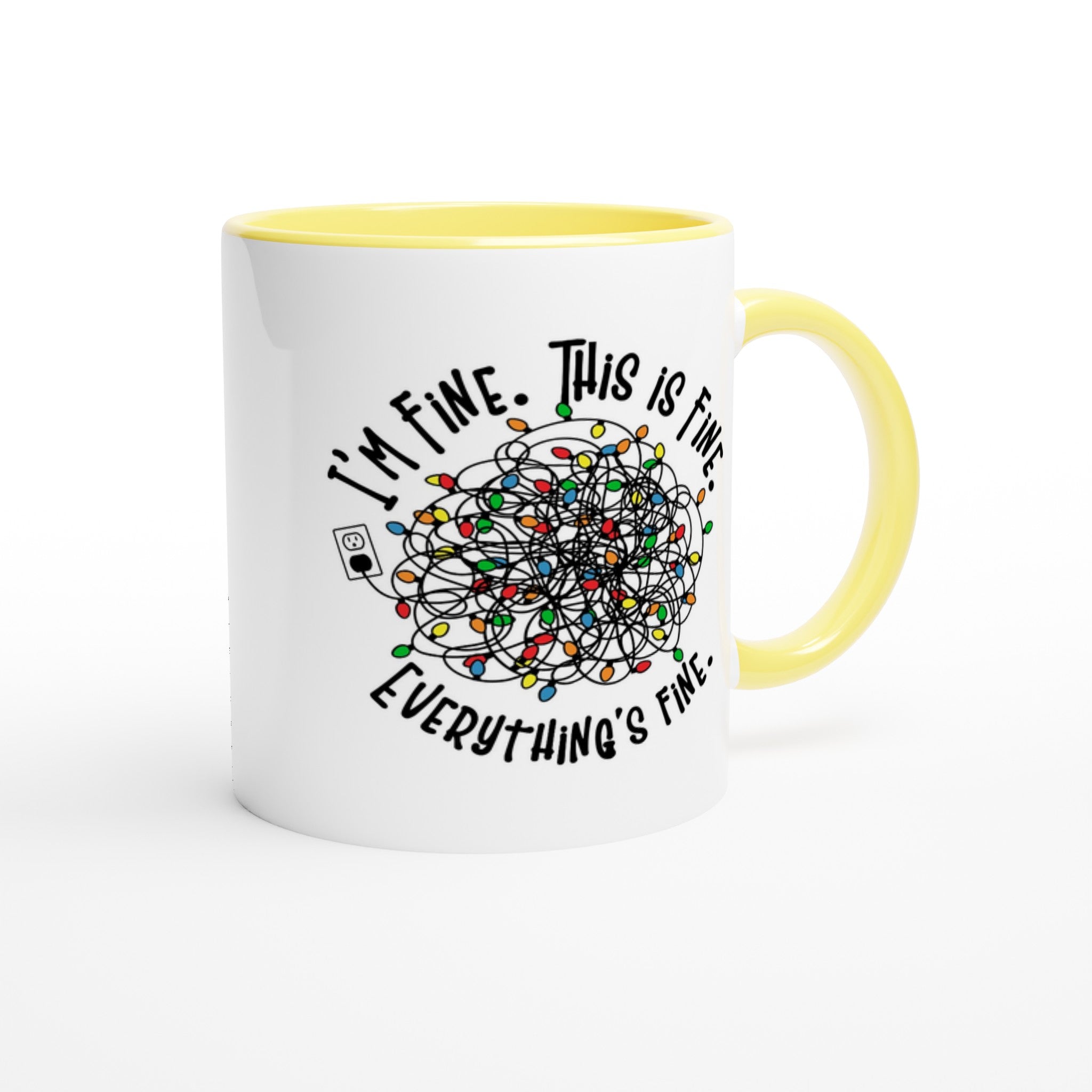 Tangled Christmas Lights, I'm Fine, This Is Fine, Everything's Fine - White 11oz Ceramic Mug with Colour Inside Christmas Colour Mug Christmas Globally Fulfilled