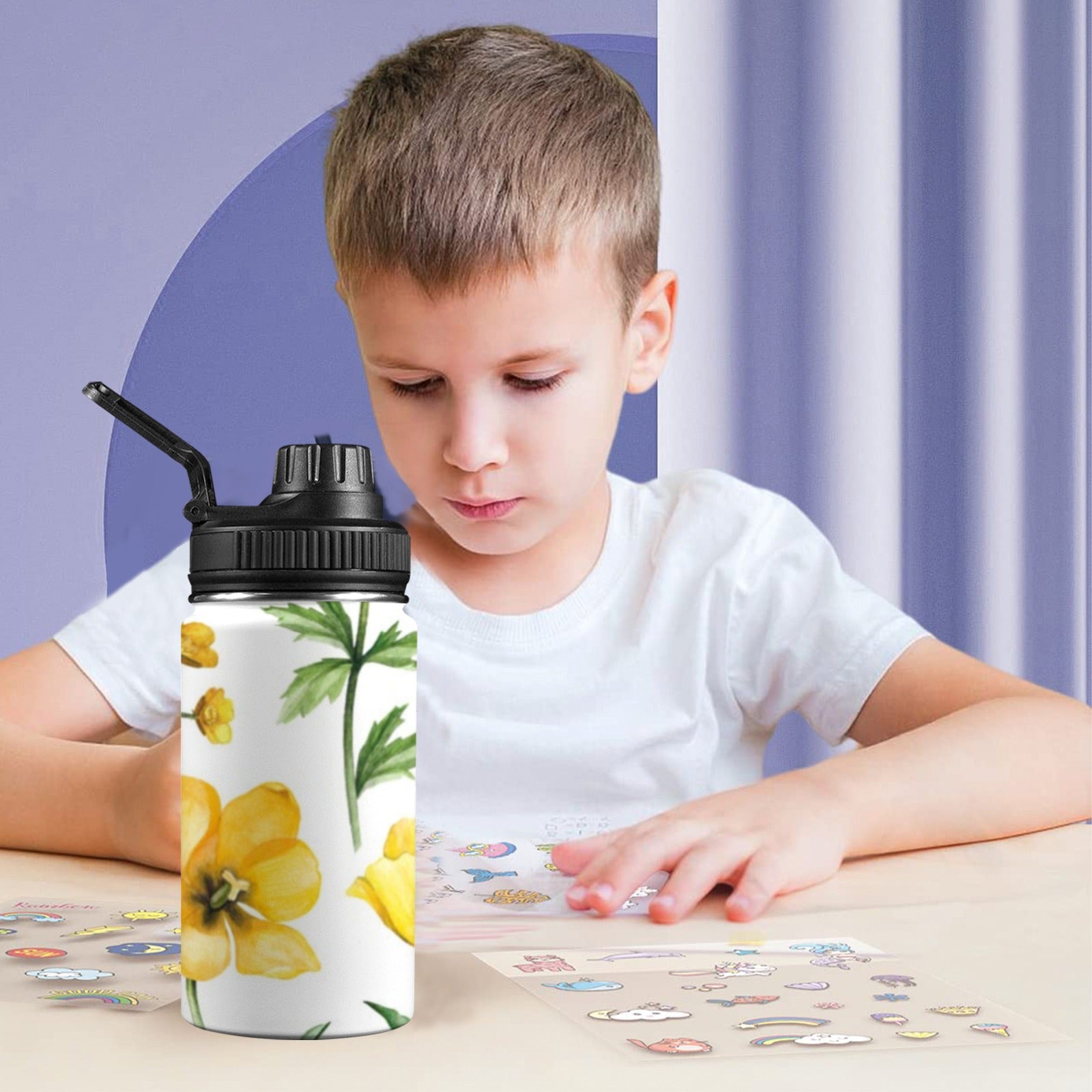 Yellow Flowers Kids Water Bottle with Chug Lid (12 oz) Kids Water Bottle with Chug Lid Plants Printed Offshore