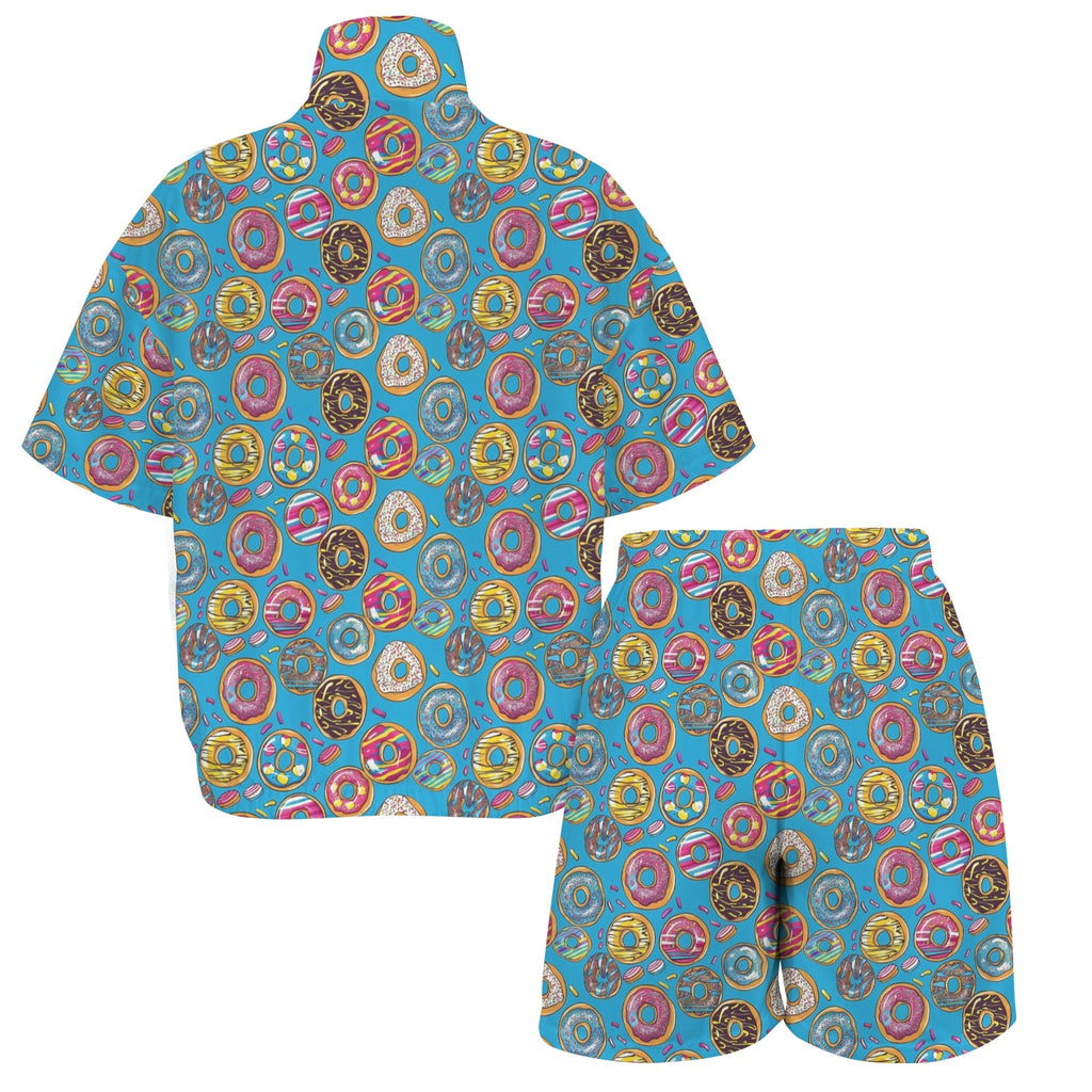 Doughnuts On Blue Women's Windbreaker Short Set Women's Windbreaker Short Set Food Printed Offshore