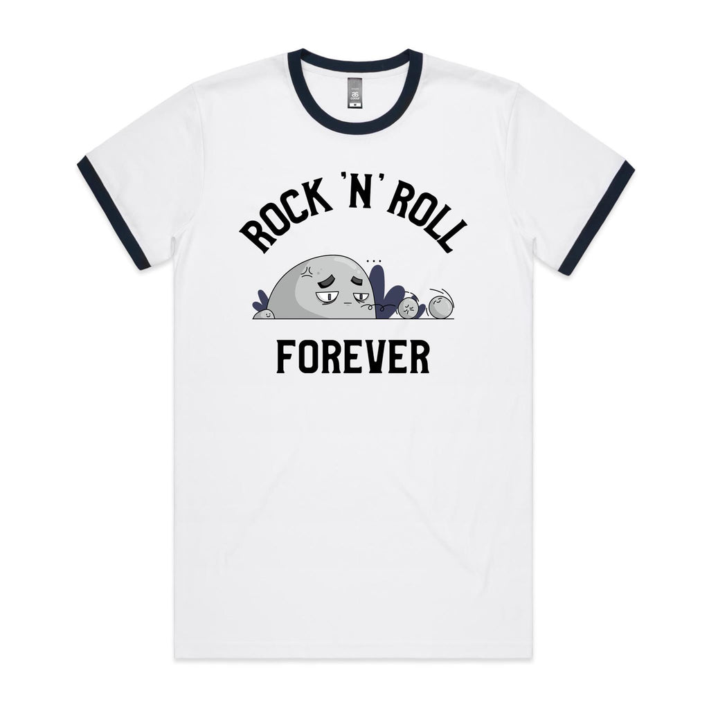 Rock And Roll Forever - Staple Ringer Tee White Navy Ringer T-Shirt Music Printed In Australia