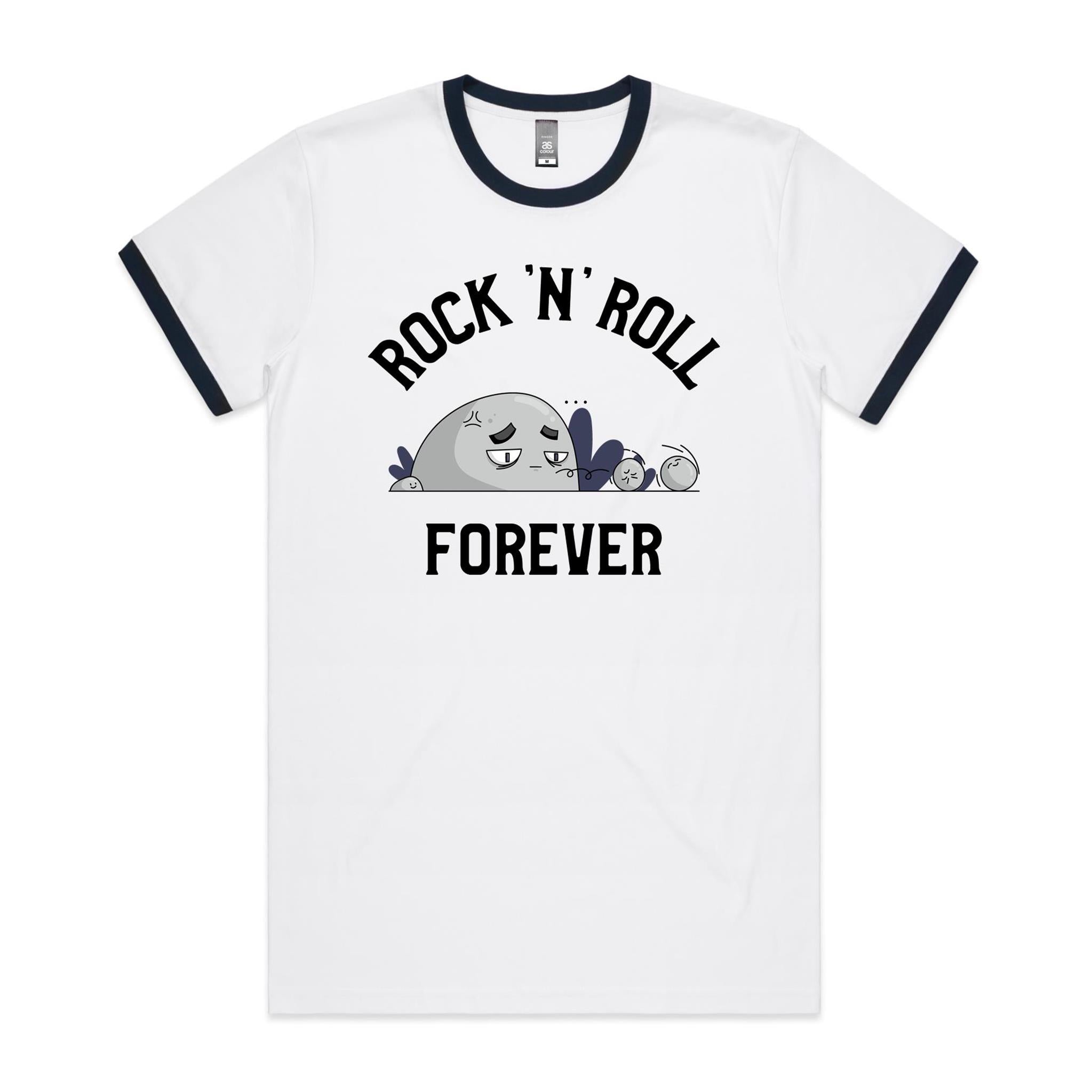 Rock And Roll Forever - Staple Ringer Tee White Navy Ringer T-Shirt Music Printed In Australia