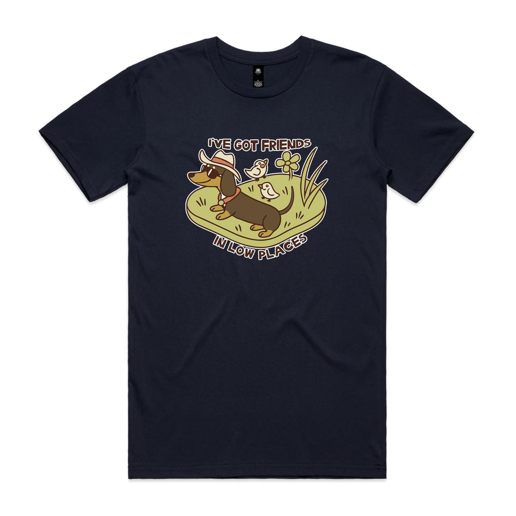 Dachshund, I've Got Friends In Low Places Men's AS Colour T-shirt Navy Mens T-shirt animal Printed In Australia