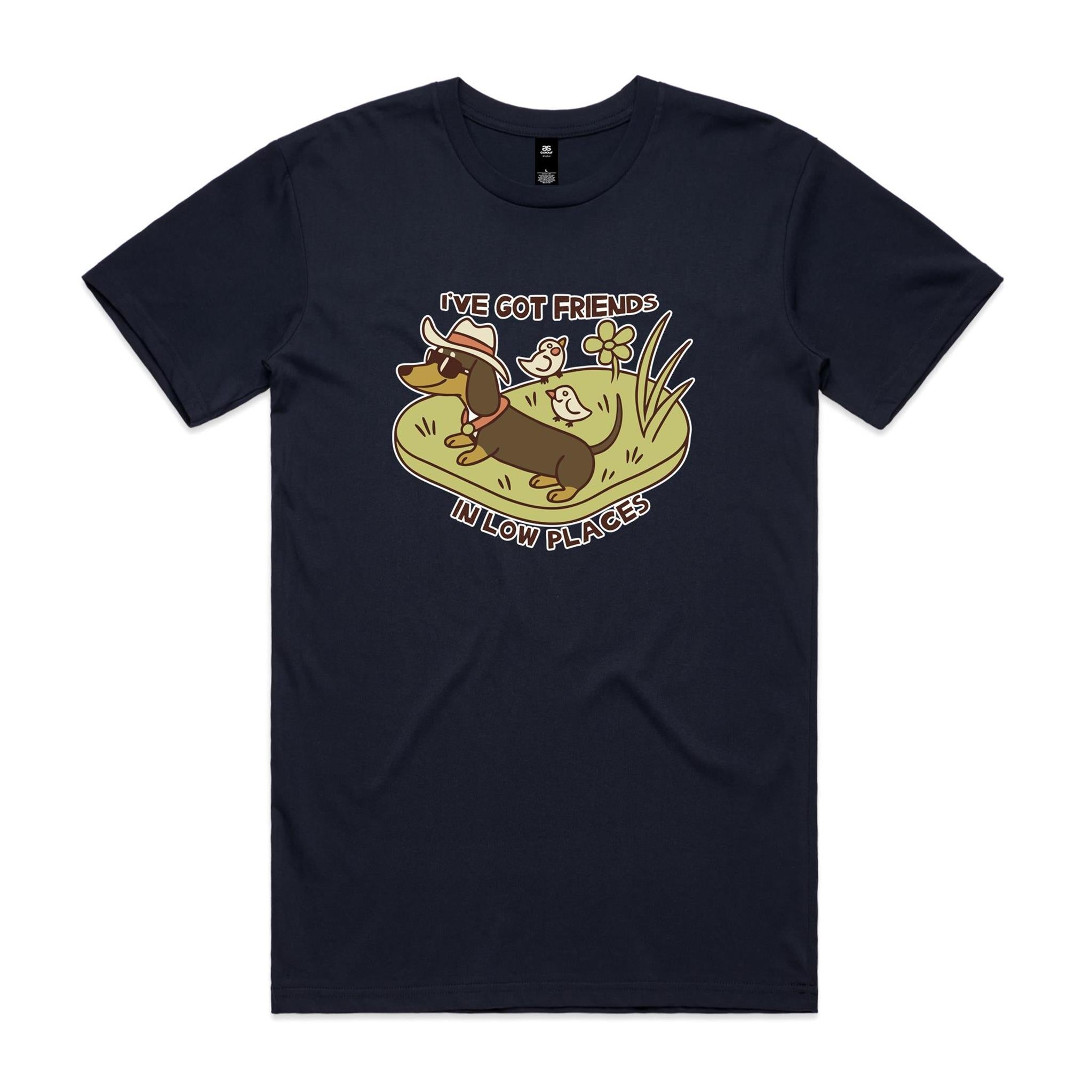 Dachshund, I've Got Friends In Low Places Men's AS Colour T-shirt Navy Mens T-shirt animal Printed In Australia