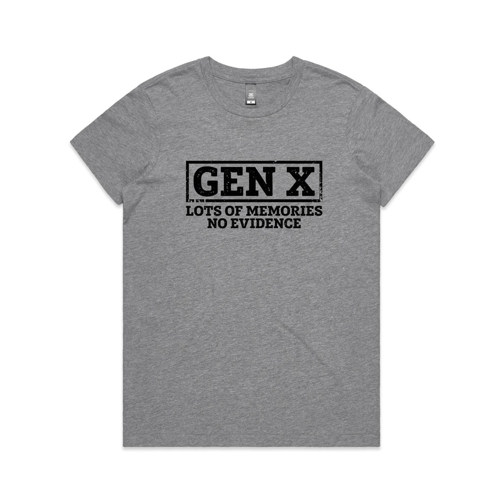 Gen X, Lots Of Memories, No Evidence Women's AS Colour T-shirt Grey Marle Womens T-shirt Printed In Australia