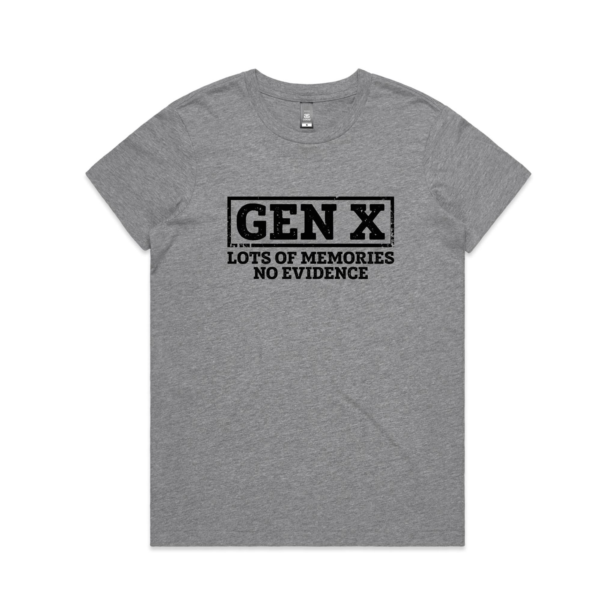 Gen X, Lots Of Memories, No Evidence Women's AS Colour T-shirt Grey Marle Womens T-shirt Printed In Australia