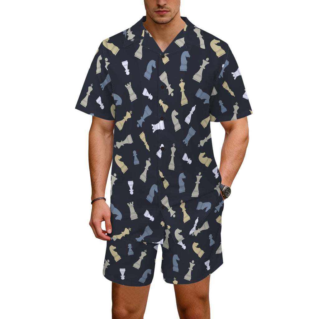 Chess Pattern - Men's Hawaiian Shirt & Shorts Set Men's Hawaiian Shirt & Shorts Set Chess Games Printed Offshore