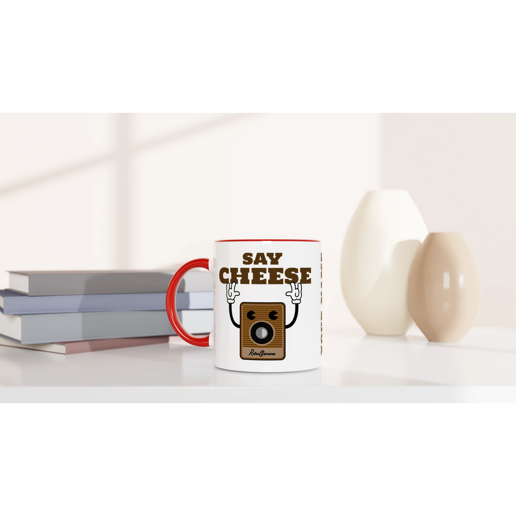 Personalised - Say Cheese, Retro Camera - White 11oz Ceramic Mug with Colour Inside Personalised 11oz Mug customise Globally Fulfilled personalise Retro Tech