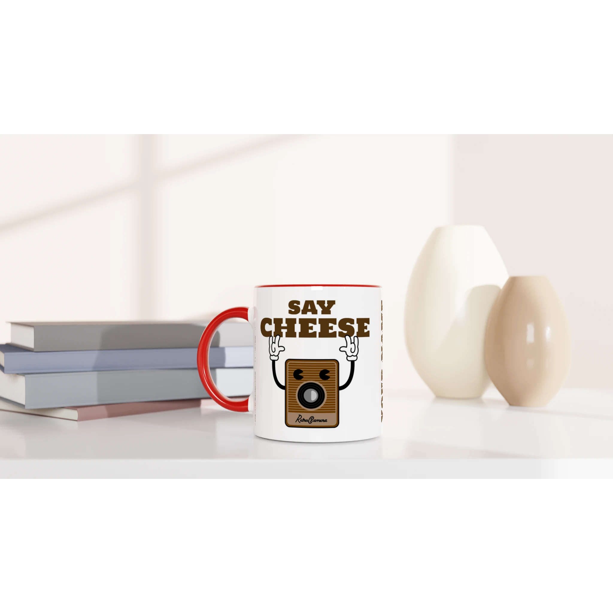 Personalised - Say Cheese, Retro Camera - White 11oz Ceramic Mug with Colour Inside Personalised 11oz Mug customise Globally Fulfilled personalise Retro Tech