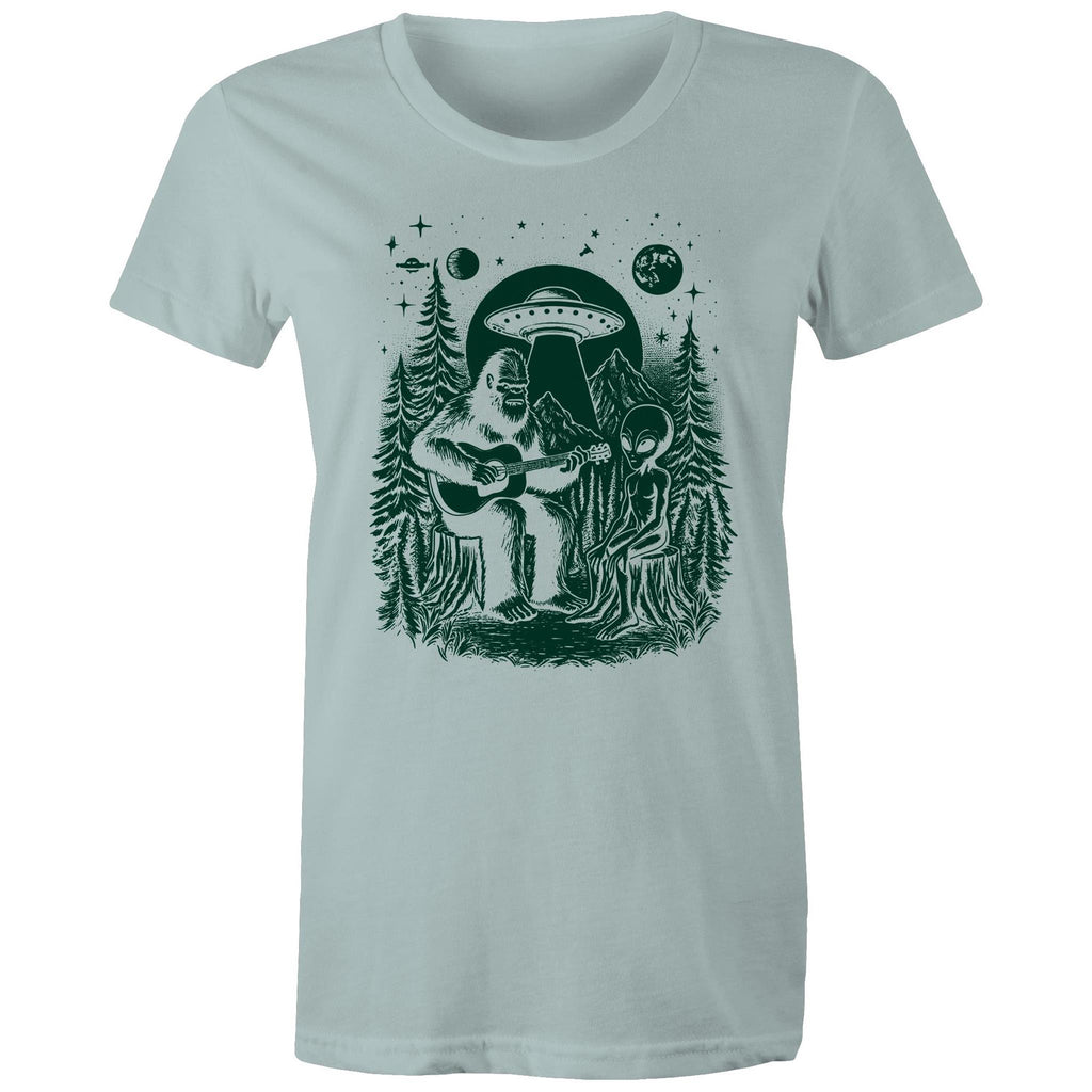 Alien And Bigfoot Play Guitar - Womens T-shirt Pale Blue Womens T-shirt Music Printed In Australia Sci Fi