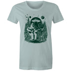 Alien And Bigfoot Play Guitar - Womens T-shirt Pale Blue Womens T-shirt Music Printed In Australia Sci Fi