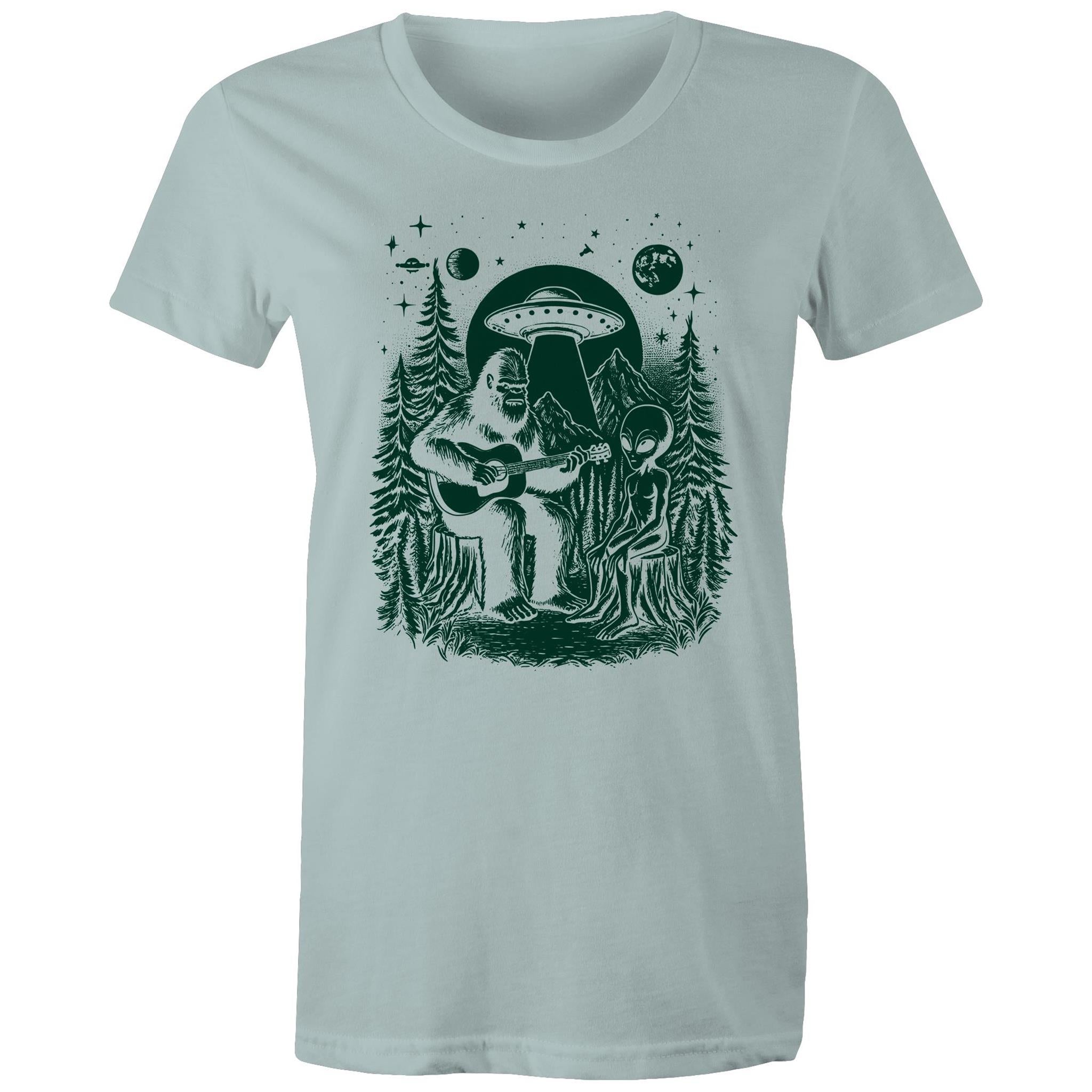 Alien And Bigfoot Play Guitar - Womens T-shirt Pale Blue Womens T-shirt Music Printed In Australia Sci Fi