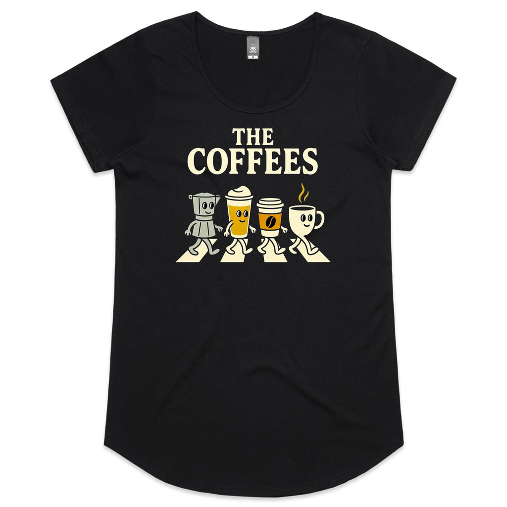 The Coffees, Crossing Road Women's AS Colour Scoop Neck T-Shirt Black Womens Scoop Neck T-shirt Coffee Music Printed In Australia