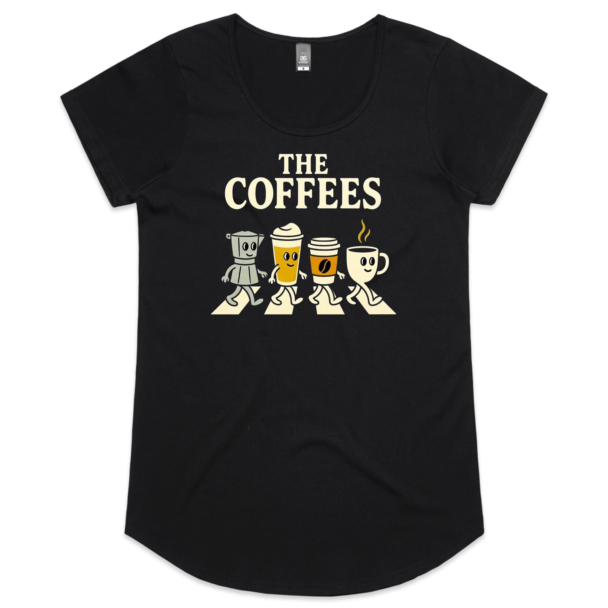 The Coffees, Crossing Road Women's AS Colour Scoop Neck T-Shirt Black Womens Scoop Neck T-shirt Coffee Music Printed In Australia