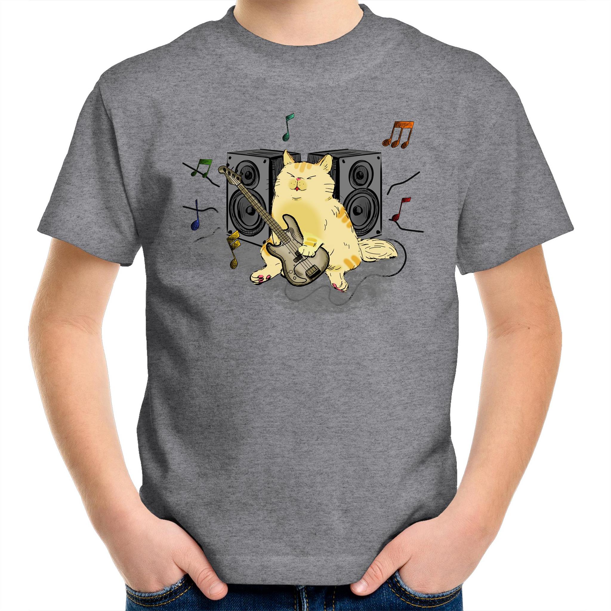 Cat Bass Player - Kids Youth T-Shirt Grey Marle Kids Youth T-shirt animal Music Printed In Australia