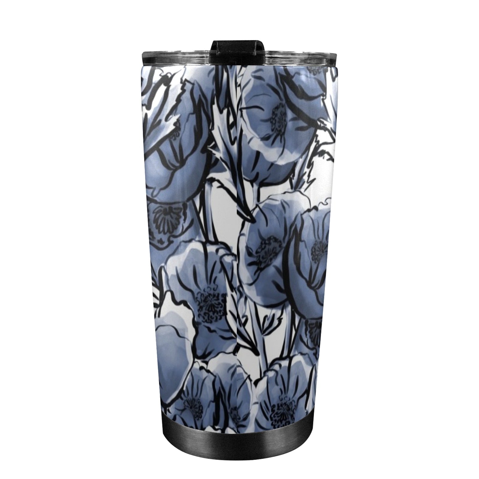 Blue And White Floral - 20oz Mobile Tumbler with Lid (Black Lock) 20oz Travel Mug Plants Printed Offshore