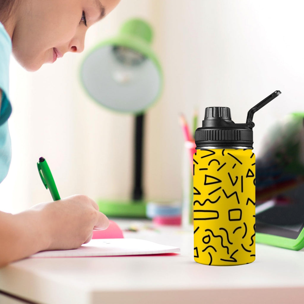 Black Squiggle On Yellow - Kids Water Bottle with Chug Lid (12 oz)