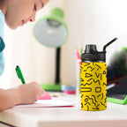 Black Squiggle On Yellow - Kids Water Bottle with Chug Lid (12 oz)