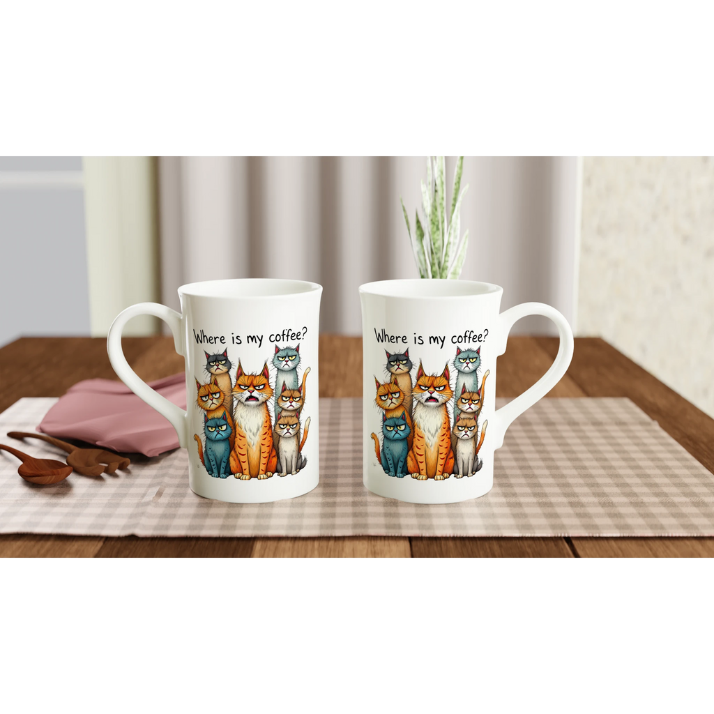 Where Is My Coffee, Cranky Cats - White 10oz Porcelain Slim Mug Porcelain Mug animal Coffee Globally Fulfilled