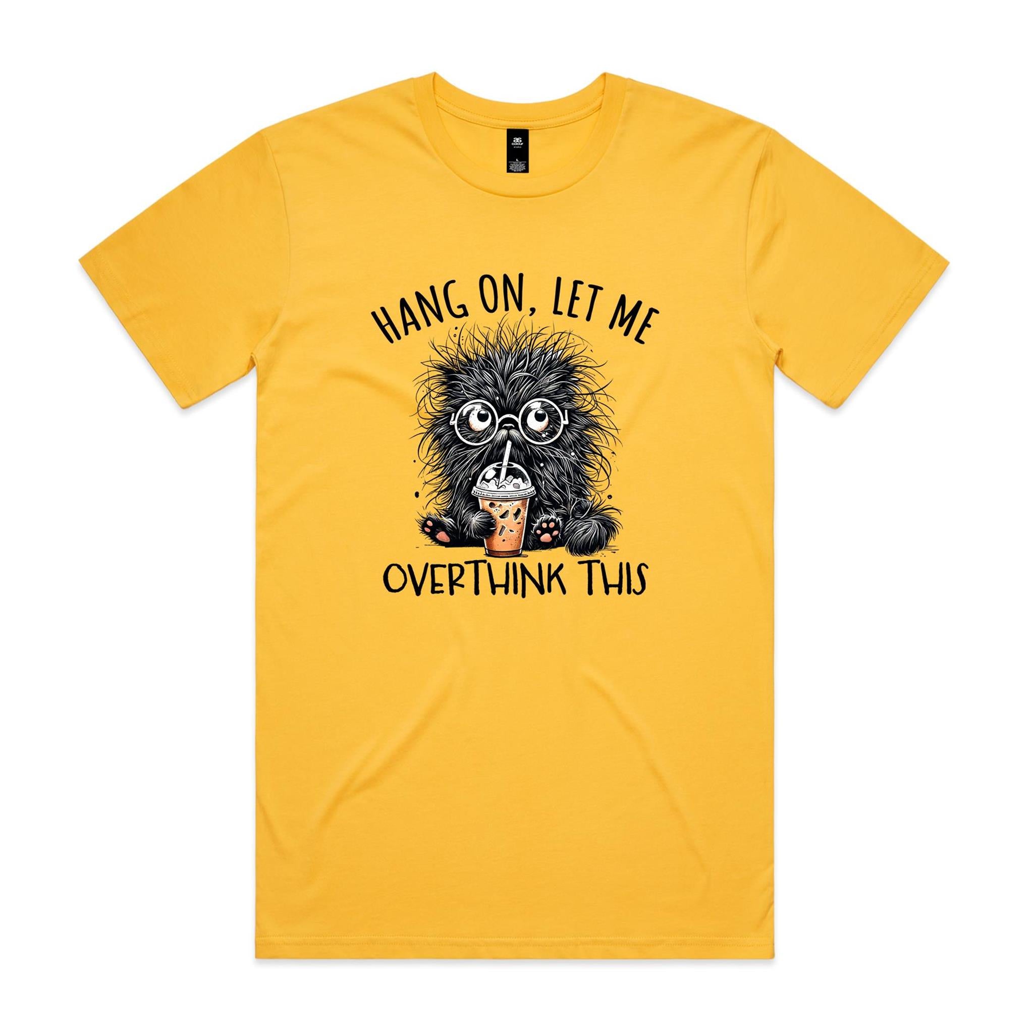 Frazzled Cat, Hang On Let Me Overthink This Men's AS Colour T-shirt Yellow Mens T-shirt animal Printed In Australia
